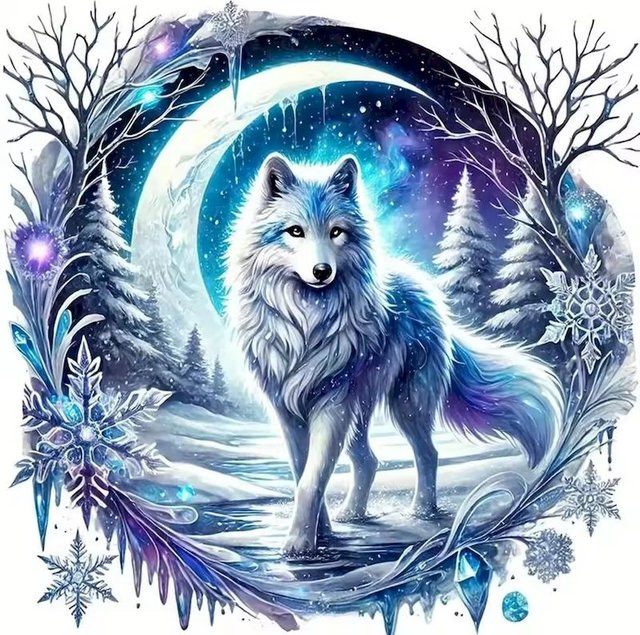 RUOPOTY Diamant Mosaik DIY Set Wolf in Winterlandschaft mit blauen Strasssteinen, Breite: 25,0 cm, Höhe: 25,0 cm - Bild 1