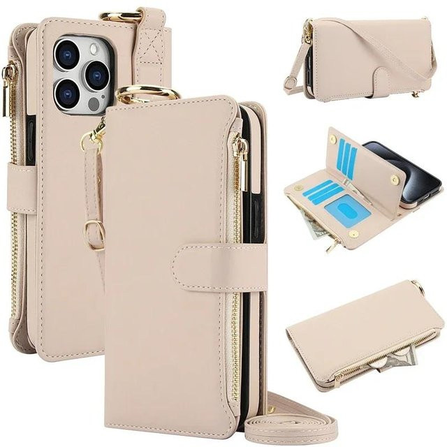 Leder Klapphandyhülle mit Reißverschluss und Kartensteckplätzen für Apple iPhone, Farbe: Beige - Bild 1