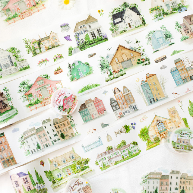 Mr Paper Washi Tape Set Slow Crossing Spring Light Series mit Haus-Landschaftsmotiven, 4 Rollen, Mehrfarbig - Bild 1