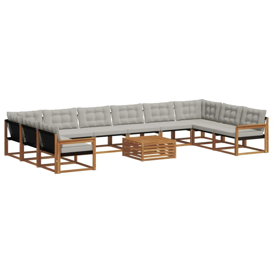 vidaXL Outdoor-Sofagarnitur aus Akazienholz in U-Form mit 11-teiligem Set, Textilene und Kissen in Hellgrau und Natur - Bild 2