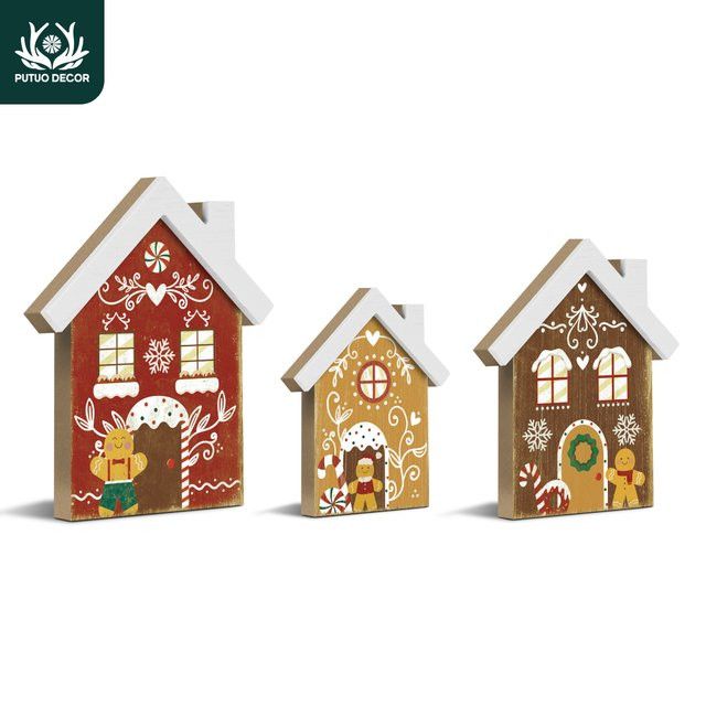 Putuo Decor Weihnachtsdekoration aus Holz mit Lebkuchenmann und Lebkuchenhaus in Multicolor, 3 Stück - Bild 1