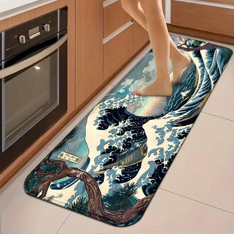 VIKAMA Küchenteppich Japanischer Ukiyo-e Kanagawa Surf, rutschfest und waschbar, Mehrfarbig - Bild 2