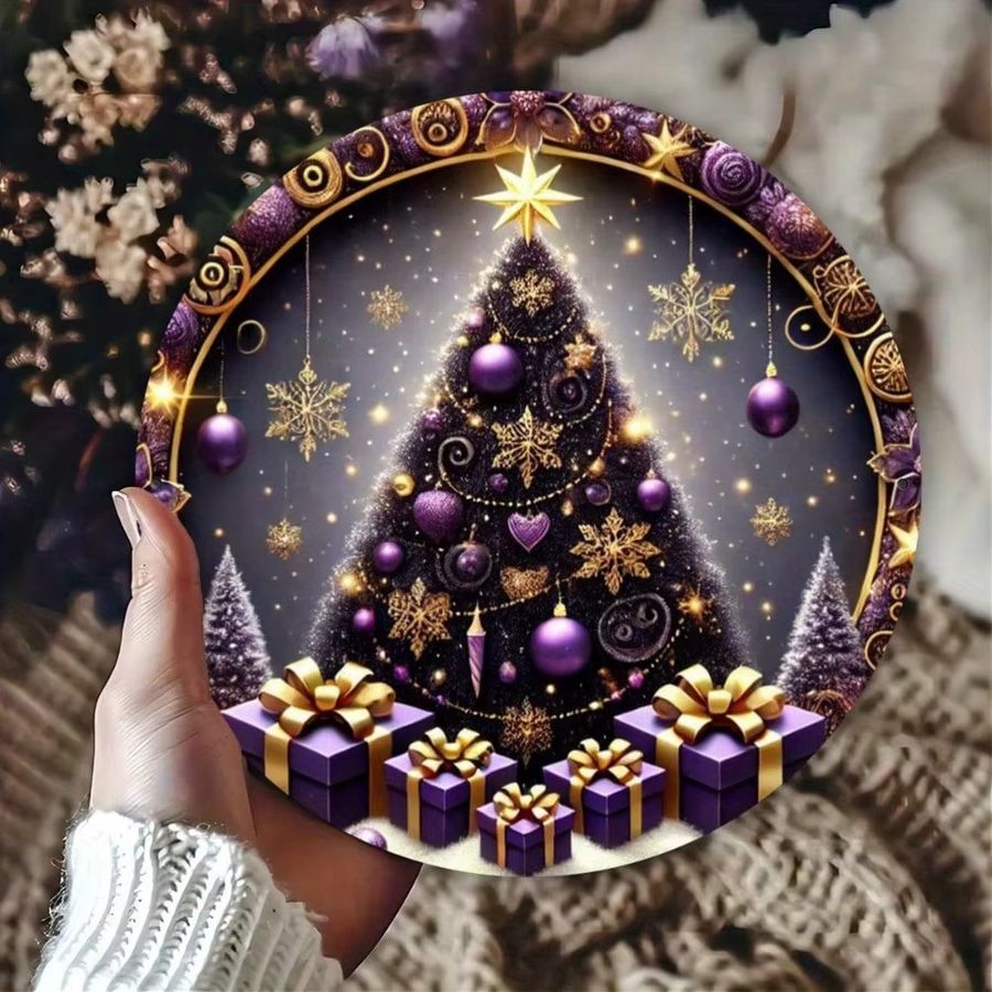 CIFBUY Weihnachtsbaum Wandschild aus Metall in Lila und Multicolor, runde Plakette für Innen- und Außenbereich, Durchmesser: 20,3 cm - Bild 2