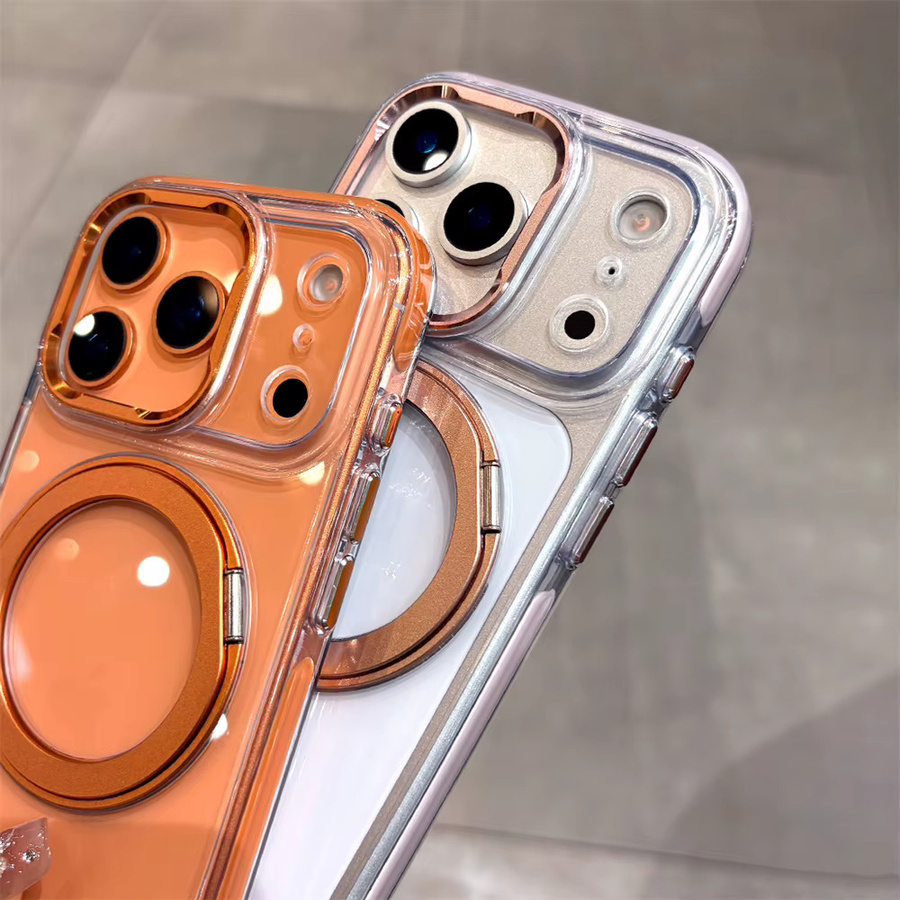 Xeber MagSafe Schutzhülle aus Acryl mit rotierender Halterung für iPhone 17 16 15 Pro Max Air, Transparent/Gold - Bild 1
