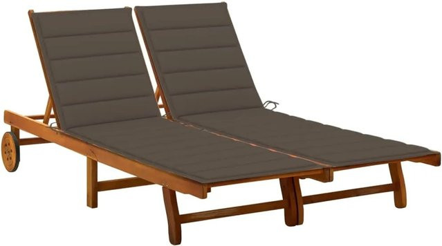 vidaXL 2-Personen-Sonnenliege aus Akazie Massivholz mit Auflagen in Taupe, verstellbare Kopfstütze und Rollen - Bild 1