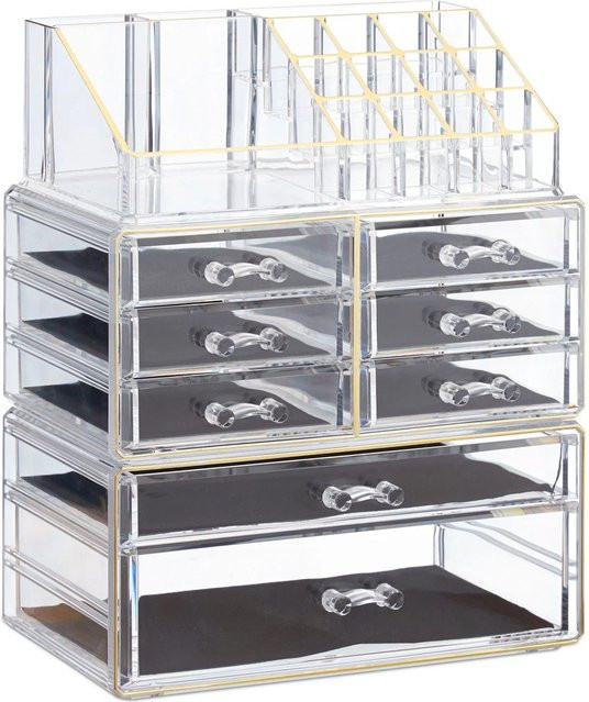 Relaxdays Make Up Organizer aus Acryl mit 8 Schubladen in Transparent und Gold, B/T/H: 30 x 24 x 14 cm - Bild 1