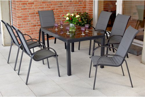 Merxx Gartenmöbelset Amalfi 7-teilig aus Aluminium und Textil in Grau mit ausziehbarem Tisch und stapelbaren Sesseln - Bild 1