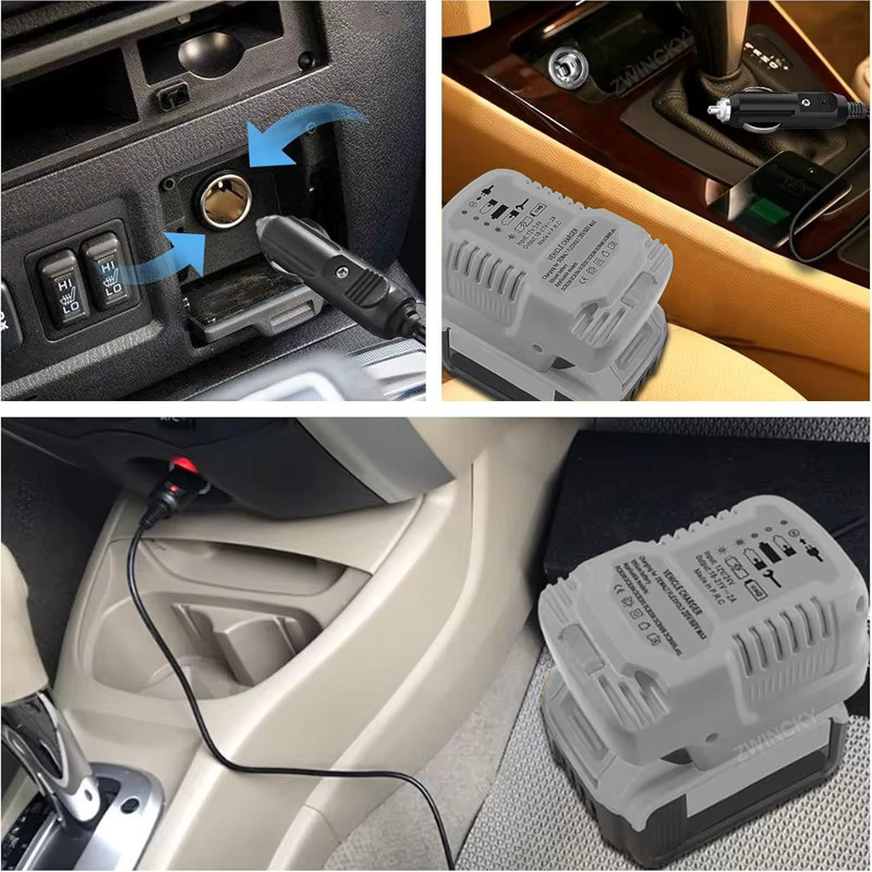 BSIDE Kompakt-Ladegerät für 18V Akkus von Makita, Dewalt, Milwaukee und Bosch mit Zigarettenanzünder-Stecker und Anzeige für das Auto - Bild 3
