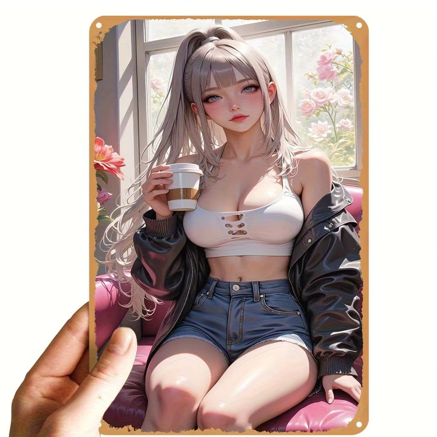 HELLOYOUNG Vintage Anime Metall Wandkunst Schild mit Kawaii Mädchen Illustration, Weiß/Mehrfarbig, B: 30,5 cm, H: 20,3 cm - Bild 2