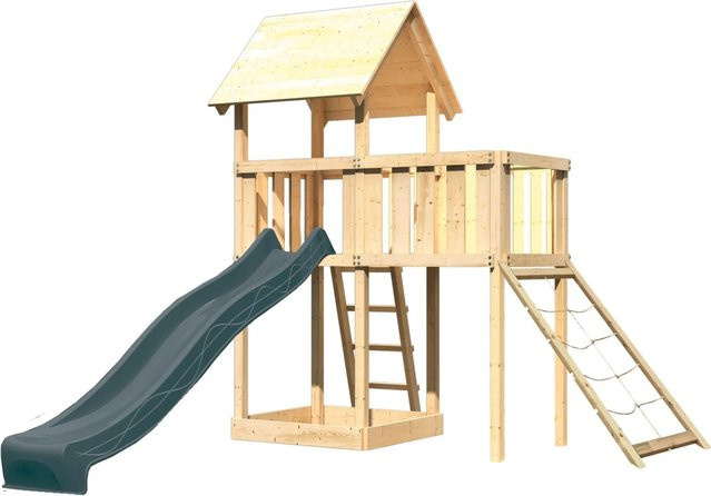 Karibu Spielturm Lotti aus Massivholz mit Rutsche, Anbauplattform und Netzrampe in Natur-Anthrazit - Bild 1