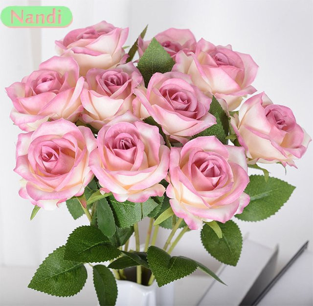5 Stück künstliche Rosenblüten von NANDI aus Seide in Weiß und Pink für deine Tischdekoration und Hochzeitsfloristik - Bild 1
