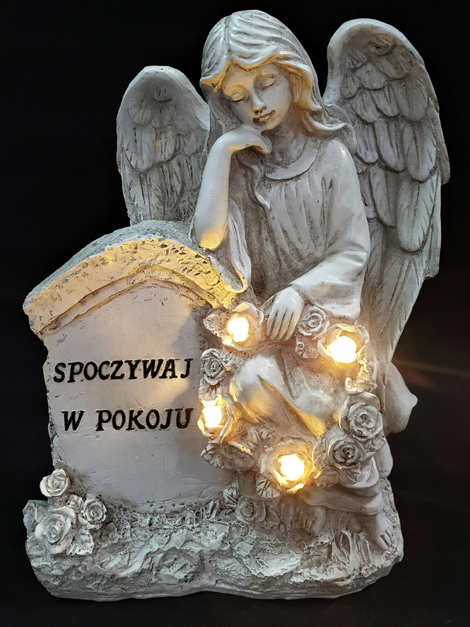 LED Grabkerze Schutzengel Ruhen in Frieden aus Alabaster und Harz, Höhe: 21,5 cm - Bild 2