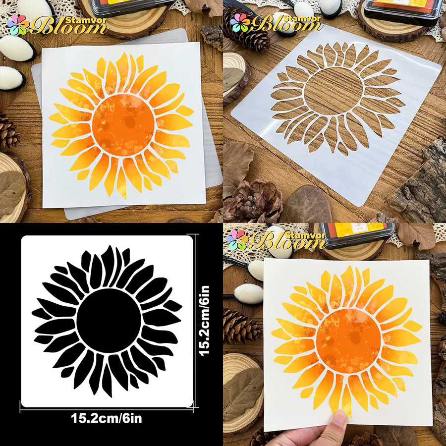 Blumen Schablonen Set mit Tulpen, Sonnenblumen und Mohnblumen in Multicolour für Sprühfarbe und Graffiti aus Papier, B/H: 15,2 x 15,2 cm - Bild 2