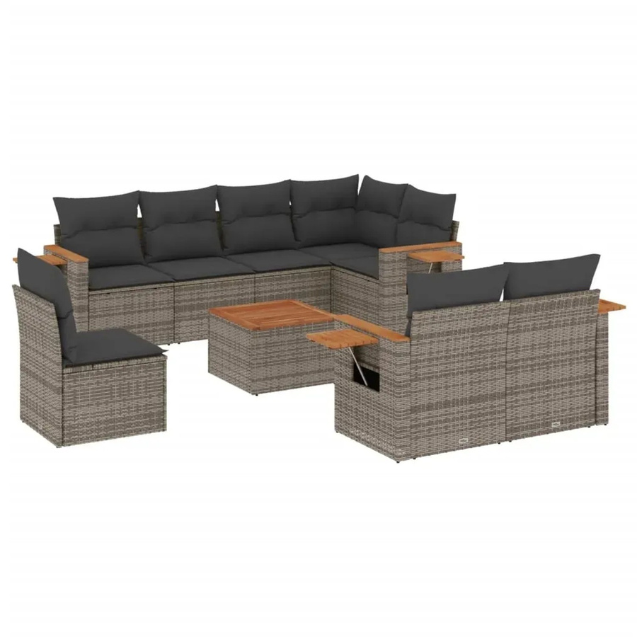 vidaXL 9-tlg. Garten-Sofagarnitur in L-Form aus grauem Poly-Rattan mit Kissen und Akazienholz - Bild 2