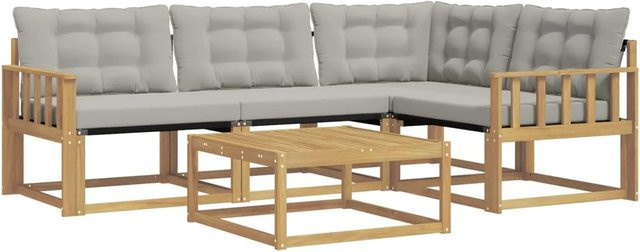 vidaXL Outdoor-Sofagarnitur aus Akazienholz in L-Form mit Textilene-Bezug und Polstern, Weiß und Grau, B/T/H: 79 x 79 x 37 cm - Bild 1