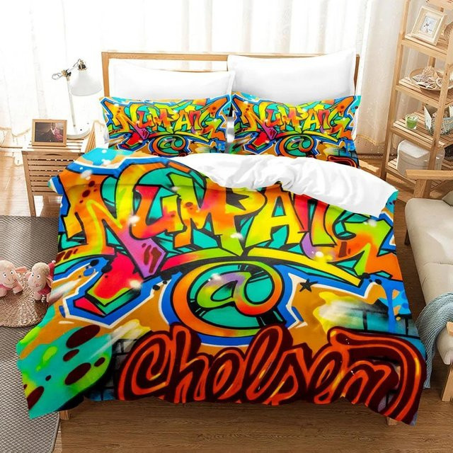 Binchi Graffiti Bettbezug Set mit Kissenbezügen in Multicolour, Hip Hop Street Culture Design aus Polyester, B/H: 135 x 200 cm - Bild 1