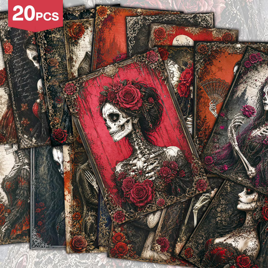 20 Stück Retro Halloween Postkarten mit Totenköpfen und roten Rosen für Journaling und Wandkunst - Bild 2