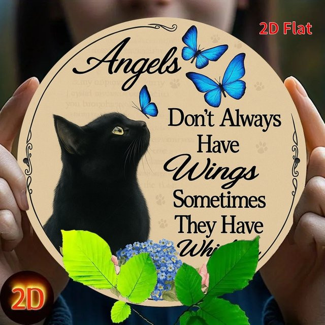 Rundes Metallschild Potdemiel Vintage Angel Cat mit blauen Schmetterlingen und floralem Design in Multicolour, Durchmesser: 20,0 cm - Bild 1