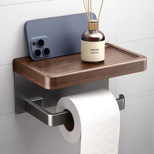 HUILV Toilettenpapierhalter für die Wandmontage ohne Bohren mit Ablage und Handyhalterung in Braun - Bild 1