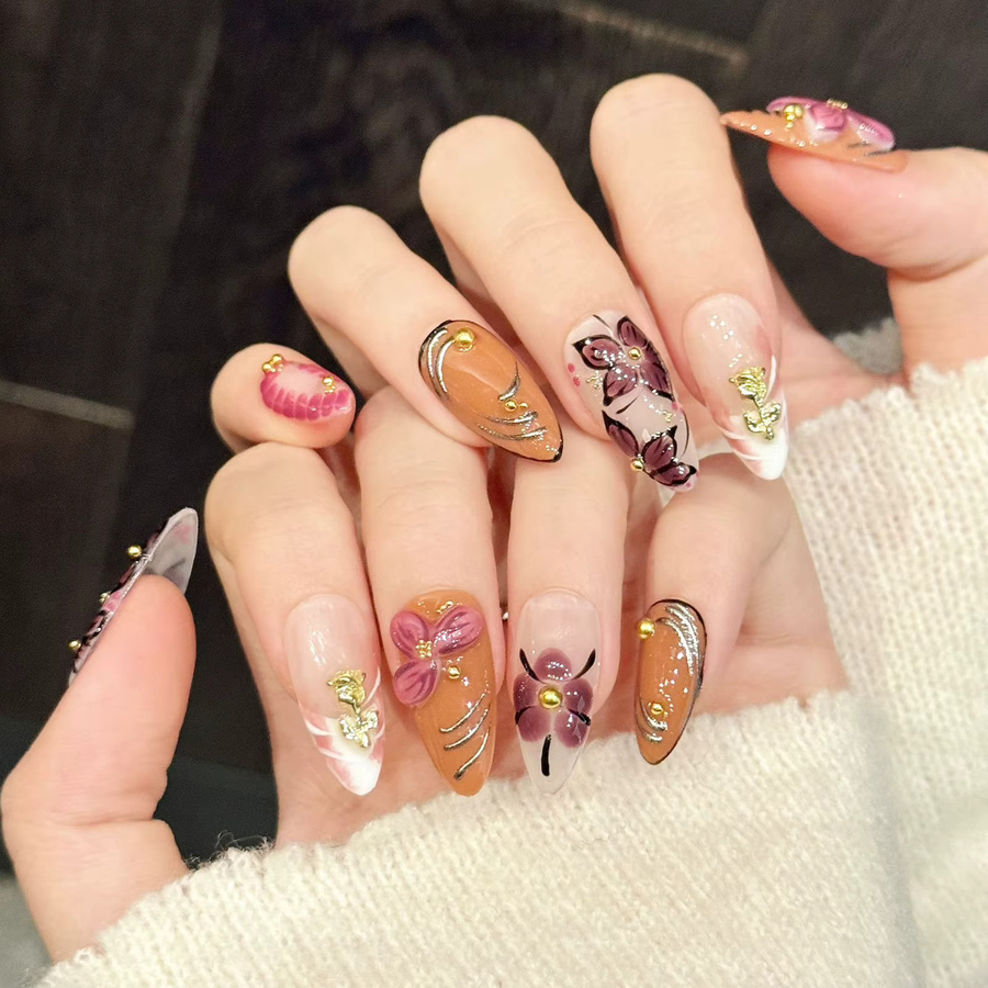 YADORNOS Press on Nails, 10 Stück, Mandel, 3D-Blüten, Glänzend, Damen - Bild 3