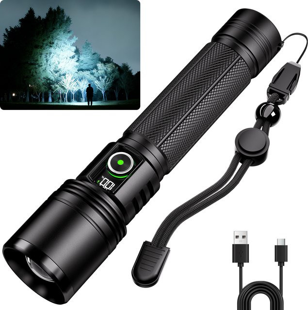Wiederaufladbare LED-Taschenlampe aus Aluminium in Schwarz mit 2500 Lumen und 5 Modi für Camping und Wandern - Bild 1