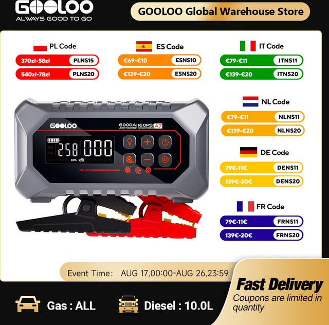 GOOLOO Tragbare Starthilfe-Powerbank mit 24000mAh und 160PSI Luftpumpe, 12V Auto-Booster für Benzin- und Diesel-Fahrzeuge, Schwarz - Bild 1
