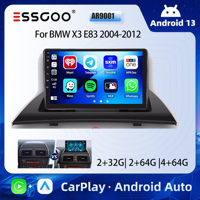 ESSGOO Android 13 Autoradio Multimedia Player mit 9 Zoll Touchscreen, Wireless Carplay, Android Auto, GPS, Bluetooth und FM RDS für BMW X3 E83 2006-2010, Schwarz - Bild 1