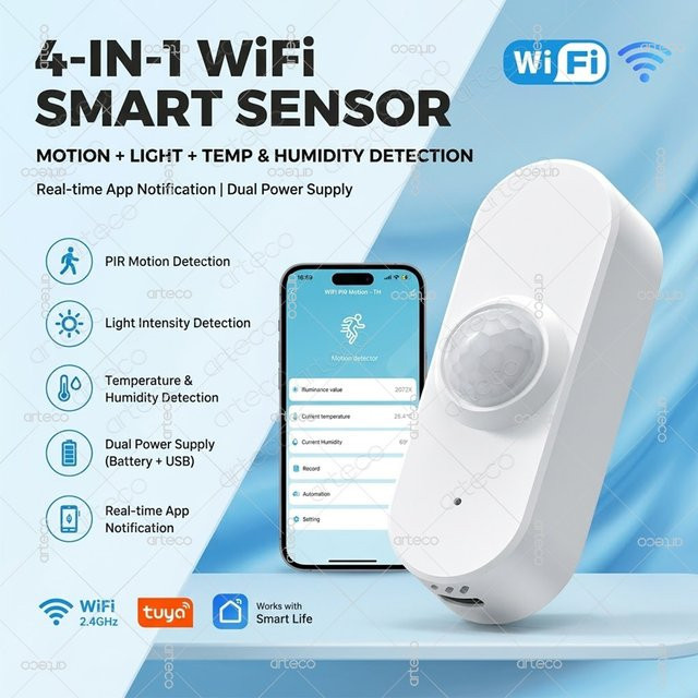 Tuya Smart Life WiFi PIR Bewegungssensor mit Temperatur- und Luftfeuchtigkeitsmessung sowie Helligkeitserkennung in Weiß - Bild 1