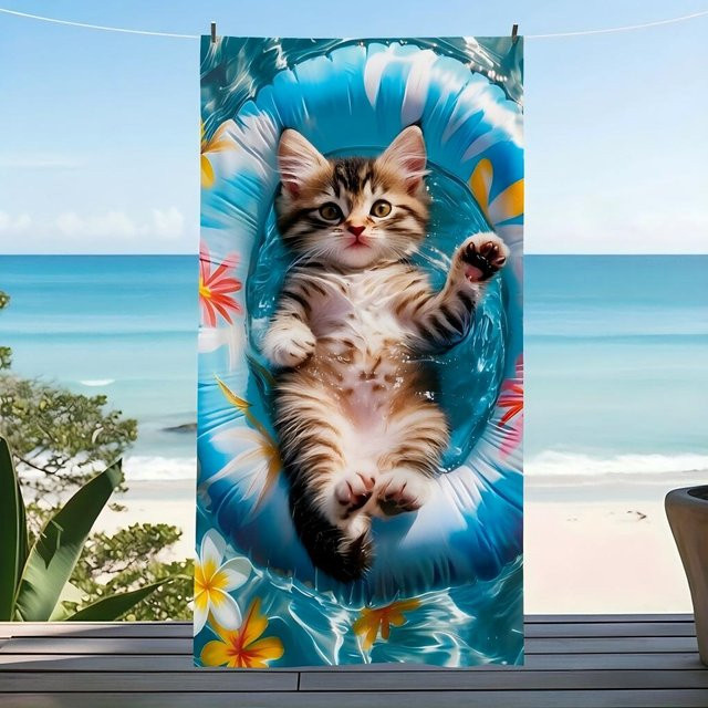 JMG Household Supplies Strandtuch mit getigertem Kätzchen-Motiv, weiches Mikrofaser-Badetuch, B/H: 50 x 100 cm, Mehrfarbig - Bild 1