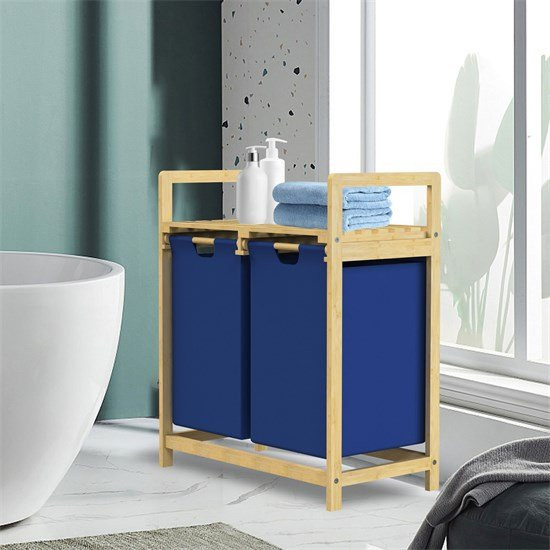 ML-Design Wäschekorb aus Bambus mit 2 Fächern und Ablage, Dunkelblau, B/T/H: 73 x 63 x 33 cm - Bild 1