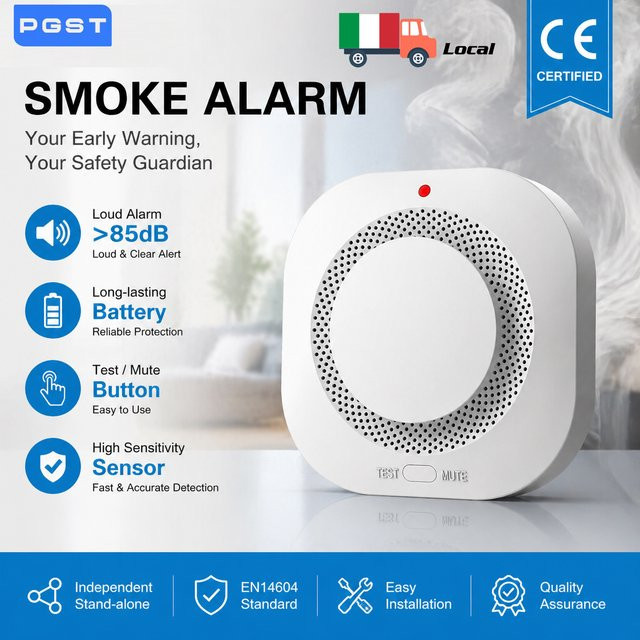 PGST Eigenständiger Rauchmelder in Weiß, Photoelektrischer Feueralarm für Zuhause, Batteriebetrieben mit Test- und Stummschalttaste, CE-Zertifiziert - Bild 1