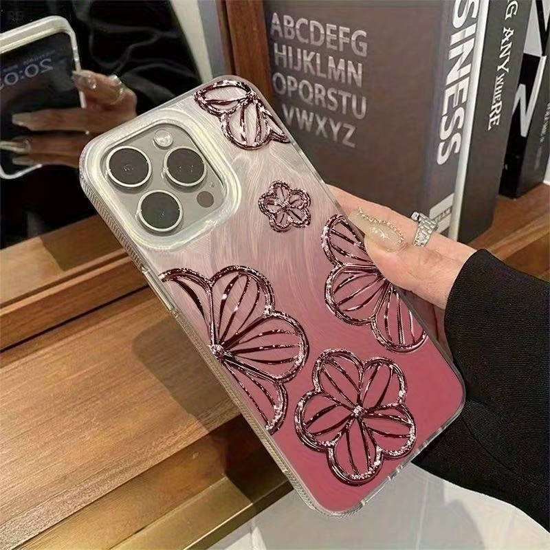 Stilvolle Handyhülle aus Farbverlaufsglas mit Blumenmuster für iPhone 17 16 15 14 13 12 11 Pro Max Plus, stoßfest und rutschfest, in Pink oder Silver - Bild 3