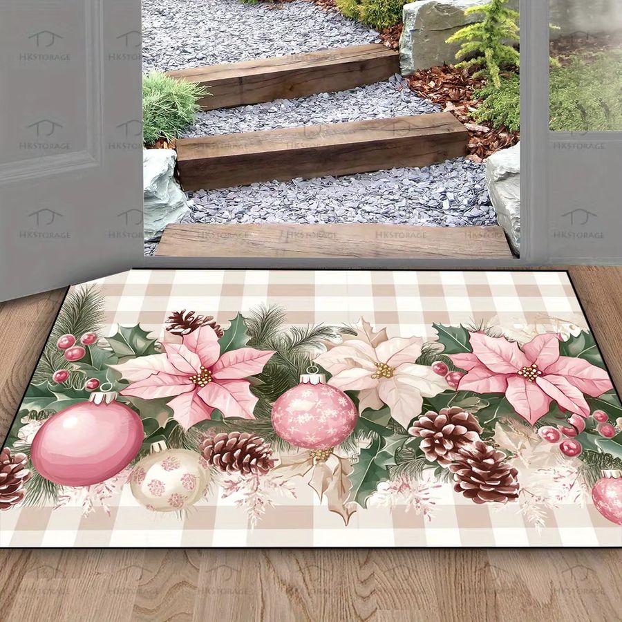 VIKAMA Druckteppich mit rosa Blumenmuster und weihnachtlichem Karomuster, rutschfest und wasserabsorbierend, Fußmatte für den Eingangsbereich - Bild 3