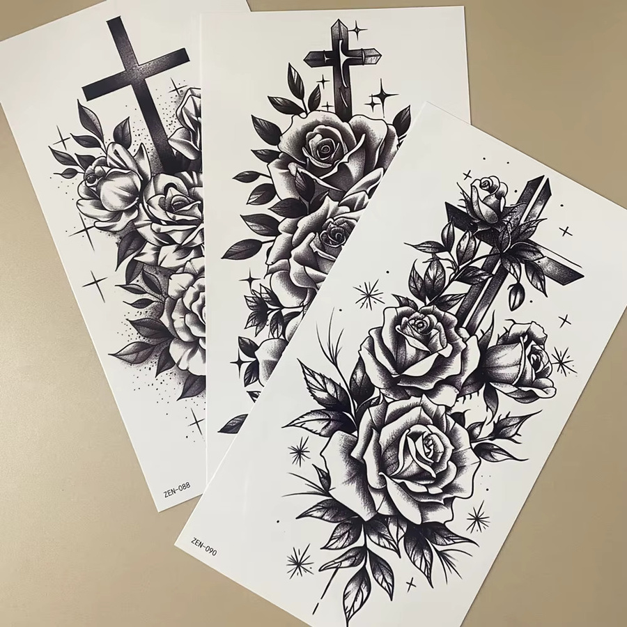 FUNVIART Einweg-Tattoos, schwarze Blumen und Kreuze, Damen - Bild 4
