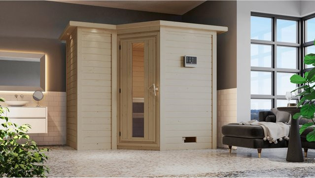 Karibu Massivholzsauna Steena 2 Bio-Kombisauna mit 9,0 kW BioKombiofen, Steuergerät und Dachkranz, Farbe: Natur/Braun/Weiss, B/T/H: 236 x 212 x 198 cm - Bild 2
