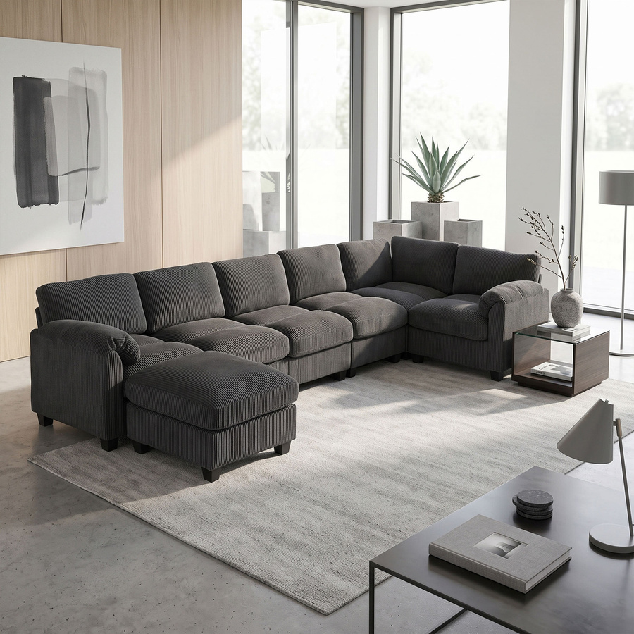HOMCOM Ecksofa in U-Form aus Cord mit Federpolsterung und beweglichem Ottomane, Schlafsofa Wohnlandschaft, Dunkelgrau, B: 292 cm, T: 224 cm, H: 118,5 cm - Bild 2