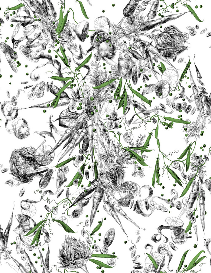 Edmond Petit Tapete Feu d'Artifice Lègumes - Petits Pois in Grün mit botanischem Vintage-Design - Bild 1
