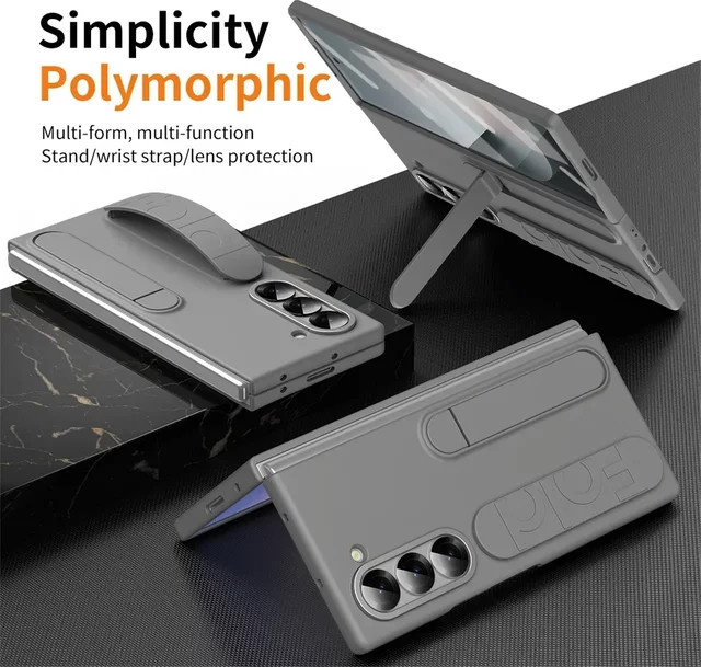Premium Silikon-Schutzhülle mit Handgelenksschlaufe und integriertem faltbarem Ständer für Samsung Galaxy Z Fold 7, 6, 5, 4, 3 in Blau und Grau - Bild 1