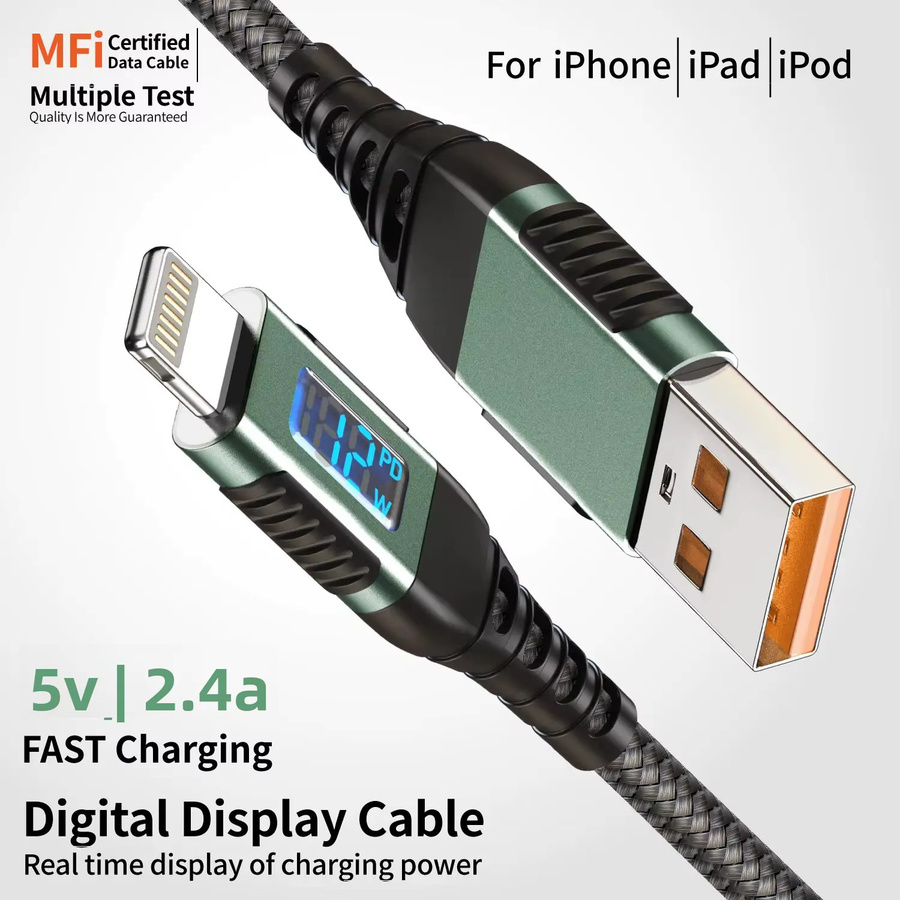 LAIHONEN USB-A zu Lightning Ladekabel mit Digitalanzeige, MFi-zertifiziertes Nylon-Geflecht, Blau, 2 m - Bild 2