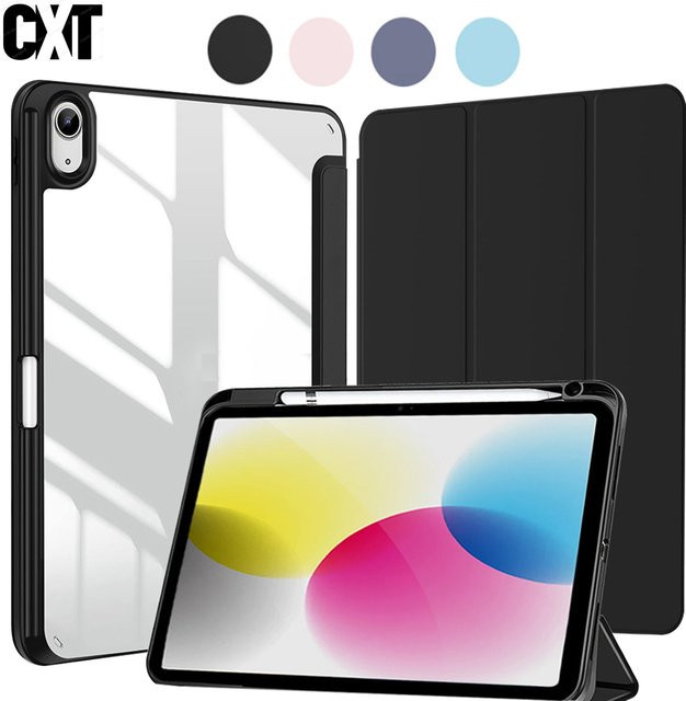 Chenxiaotong Klare Acrylhülle für iPad Air, Pro und Mini mit Stiftschlitz, dreifach faltbarem Ständer und automatischer Sleep/Wake-Funktion, Schwarz - Bild 1