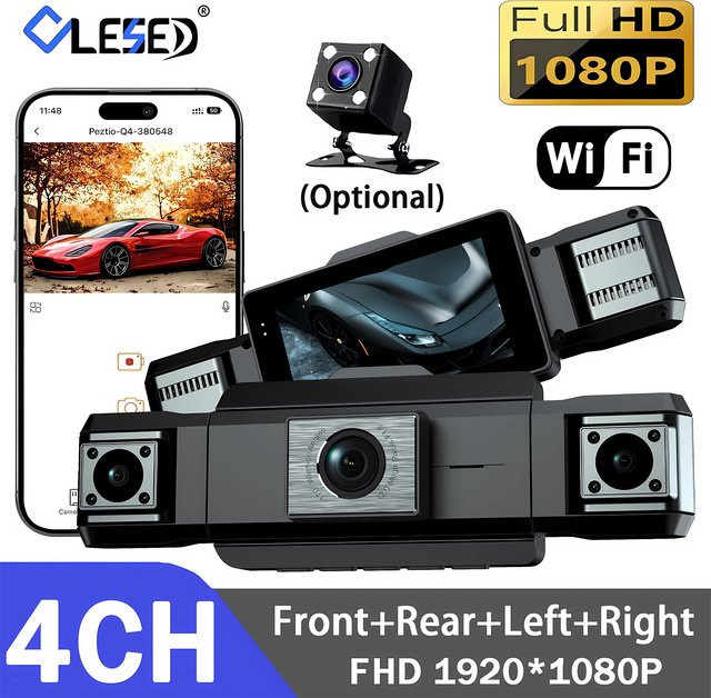 4 Kanal Auto Dashcam Full HD 1080P mit Wifi und Nachtsicht, Black Box Video Recorder für die Kabine in Schwarz - Bild 1