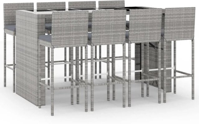 vidaXL 9-tlg Gartenbar-Set aus Poly Rattan mit Kissen und Hartglas in Grau - Bild 1