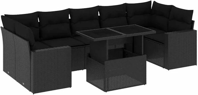 vidaXL 8-teilige Garten-Sofagarnitur in L-Form aus schwarzem Poly-Rattan mit Kissen und pulverbeschichtetem Stahlgestell - Bild 1