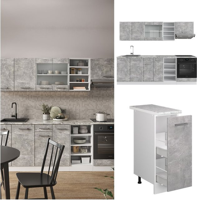 Vicco Küchenzeile R-Line Einbauküche in Weiß und Grau mit Beton- und Marmor-Arbeitsplatte, Breite: 240 cm, Tiefe: 60 cm, Höhe: 81,6 cm - Bild 1