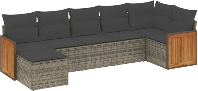 vidaXL 7-tlg. Garten-Sofagarnitur in L-Form aus Poly-Rattan in Grau mit Kissen und pulverbeschichtetem Stahlgestell - Bild 1