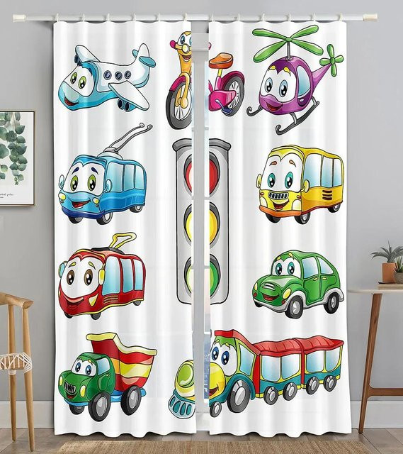 Yiran Furniture Vorhänge für Kinderzimmer mit Baustellen-Motiv Traktor Lkw Bagger Bulldozer, halbtransparent, mehrfarbig, B: 100 cm, H: 160 cm - Bild 1