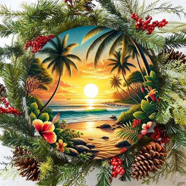 Potdemiel Tropical Beach Sunset Wandkunst aus Metall, Vintage-Foliengravur, Mehrfarbig, B/H: 20,3 x 20,3 cm - Bild 1