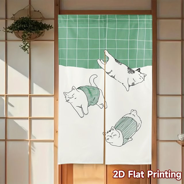 VIKAMA Grüner Gingham-Fenstervorhang mit Lazy-Cat-Motiv im nordischen Stil für Schlafzimmer und Arbeitszimmer - Bild 1