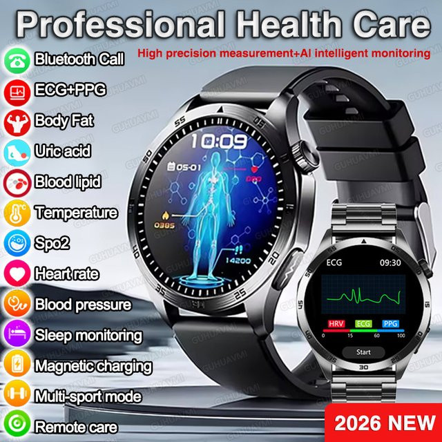 GUHUAVMI Smartwatch für Herren mit EKG und PPG zur Blutdruck-, Harnsäure- und Lipidanalyse, Bluetooth-Anruffunktion, Farbe: Schwarz - Bild 1