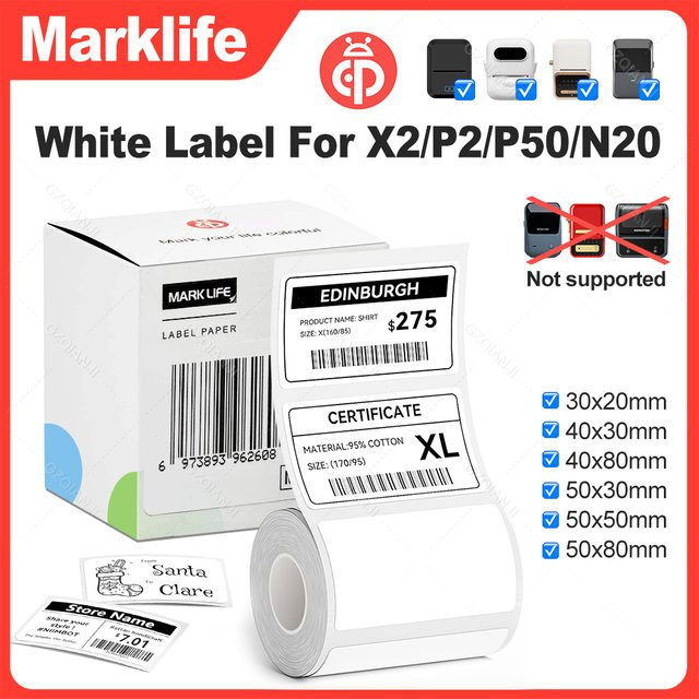 Marklife Wasserfeste Papierrollen-Klebeetiketten in Weiß für Etikettendrucker X2 P2 N20 P50, 30–50 mm - Bild 1
